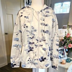 NWT'S- LILLY B - Silky Soft White Hoodie with Blue Floral Print, Size L